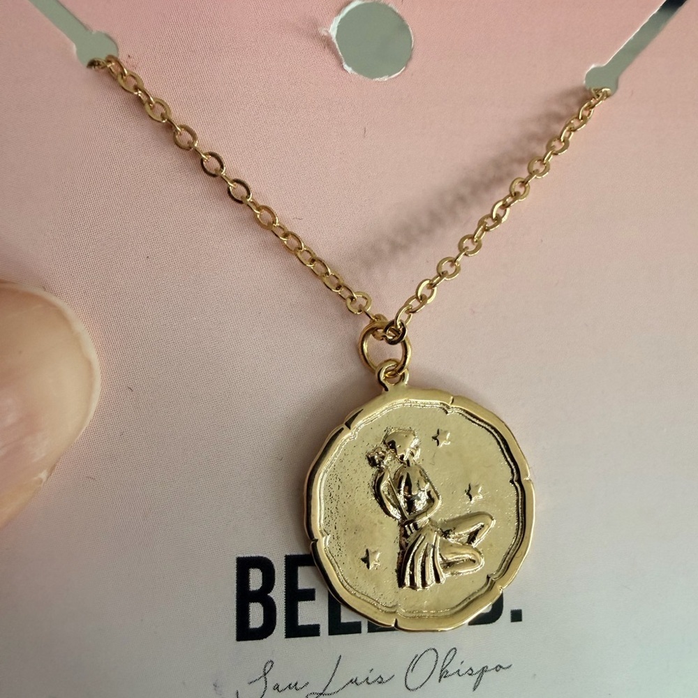 Aquarius Zodiac Stamp Charm Necklace in Gold